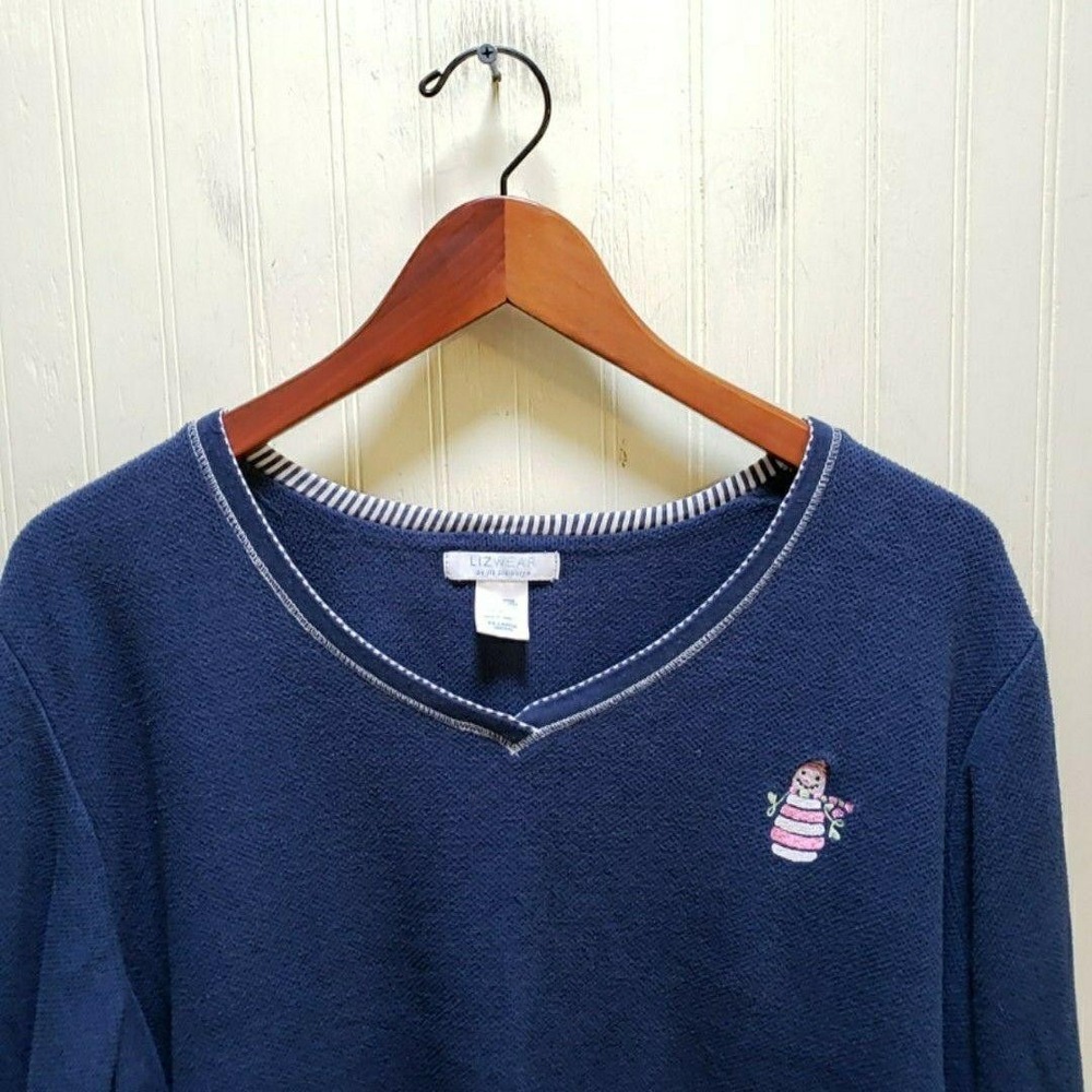 Lizwear Sweater Womens XX-Large Blue V Neck‎ Snowman Embroidered Holiday Knit